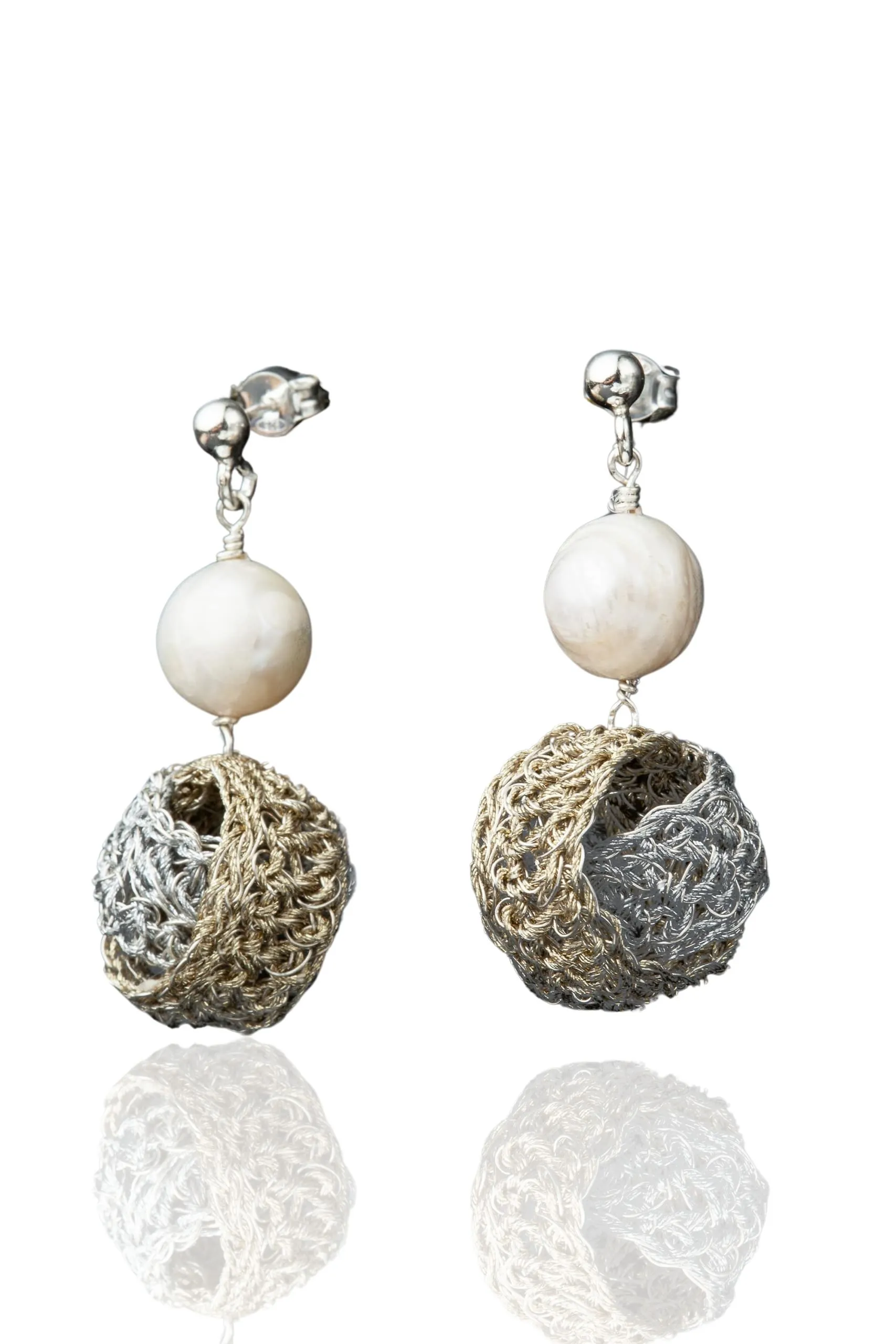 Handmade Jewellery | Crochet knit silver earrings with and pearls main