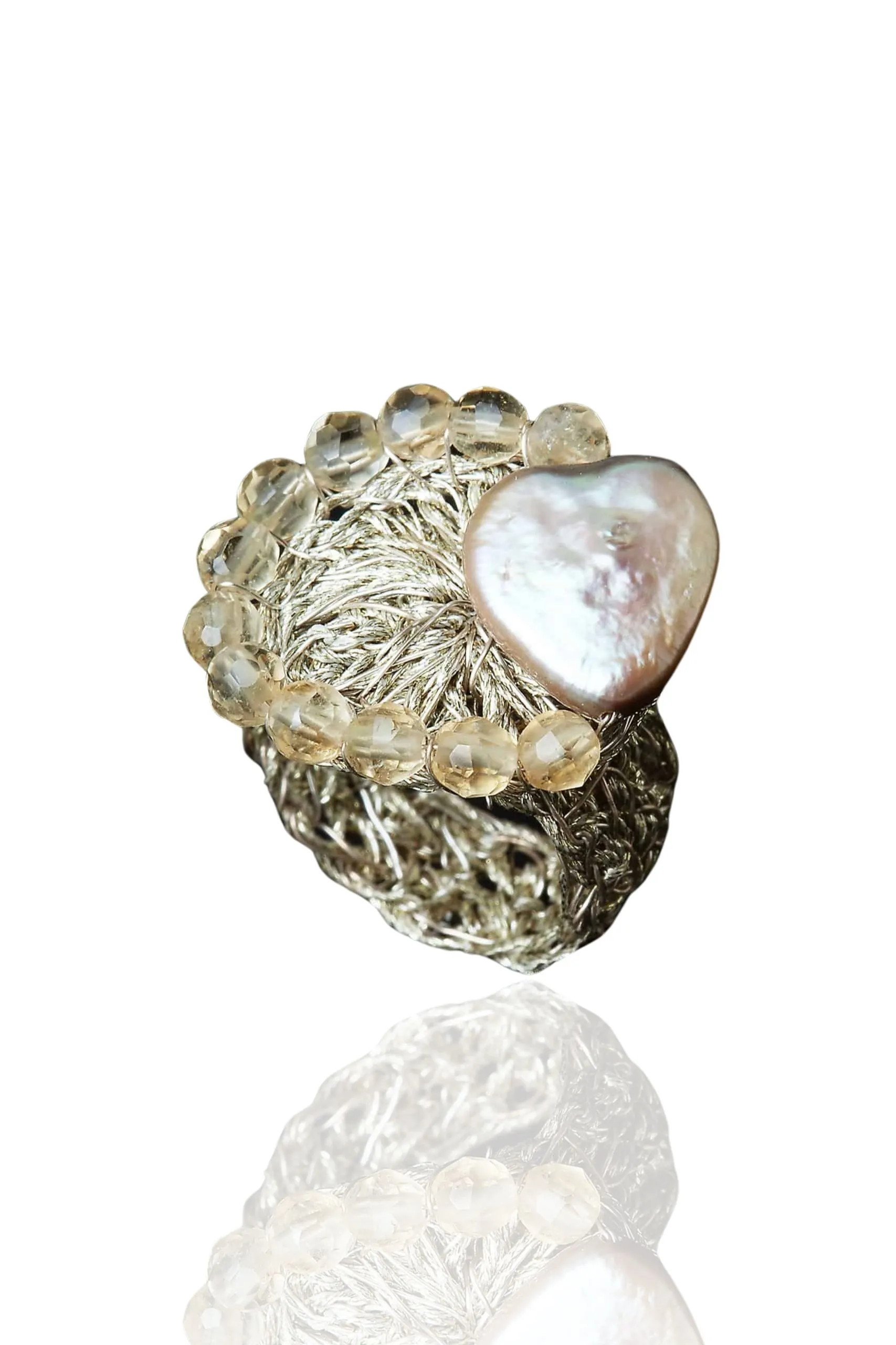 Handmade Jewellery | Crochet knit silver ring with pearl and quartz main