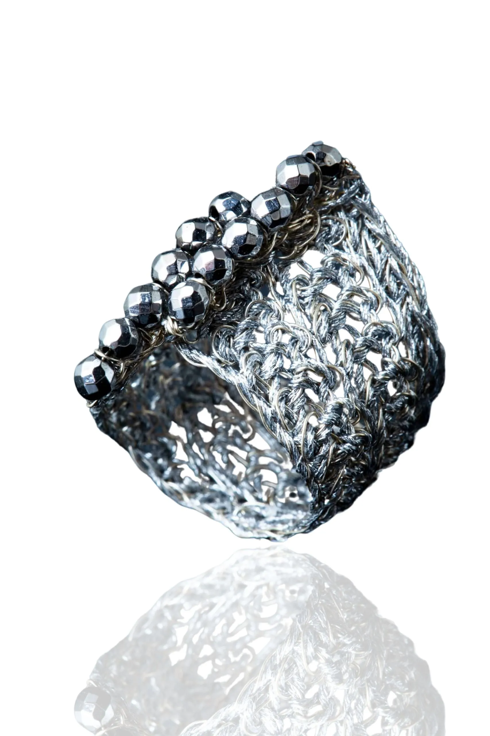 Handmade Jewellery | Crochet knit silver ring with hematite main