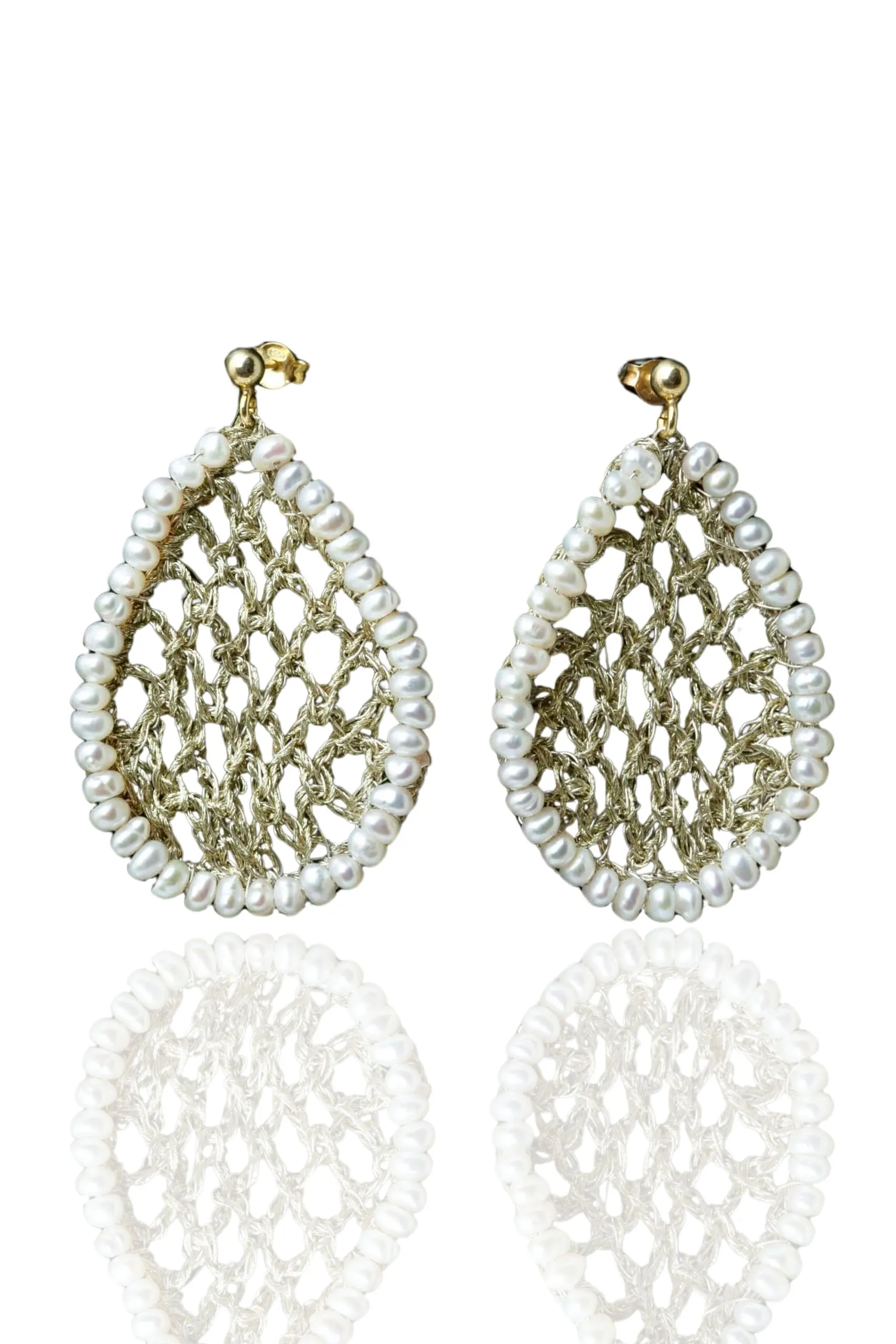 Handmade Jewellery | Teardrop crochet knit silver earrings with pearls main