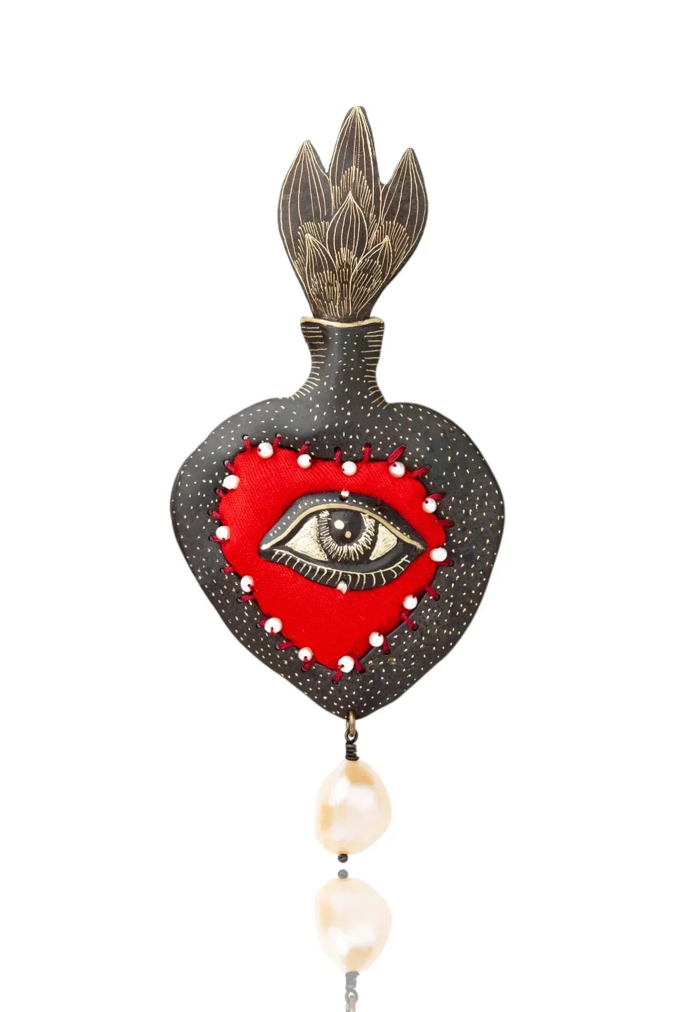 Handmade Jewellery | Heart engraved bronze and velvet brooch main