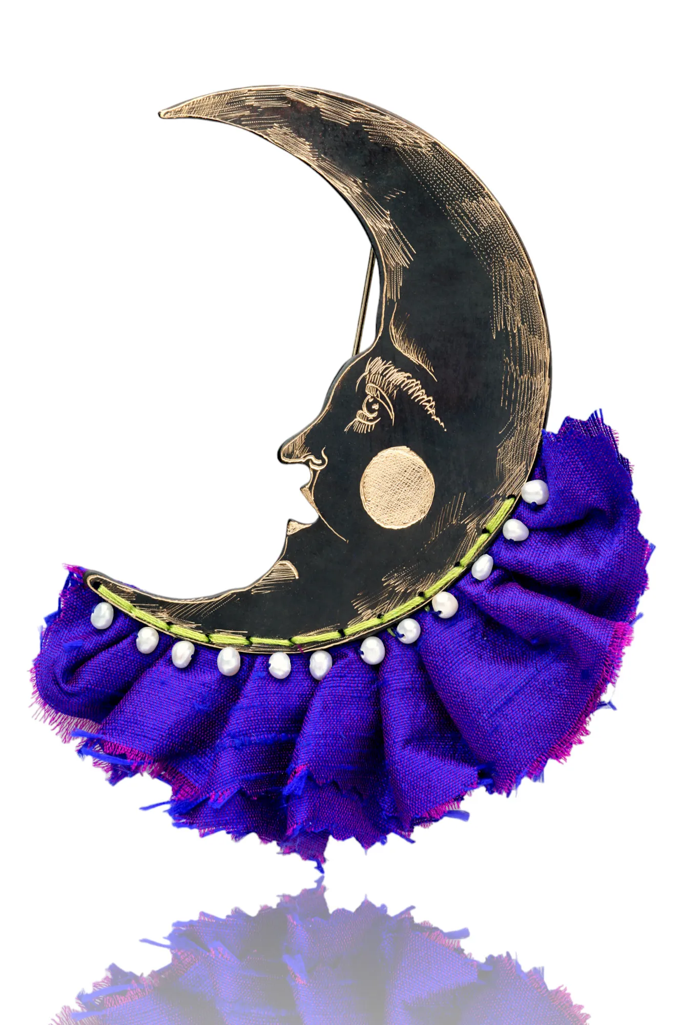 Handmade Jewellery | Moon engraved bronze and purple silk brooch main