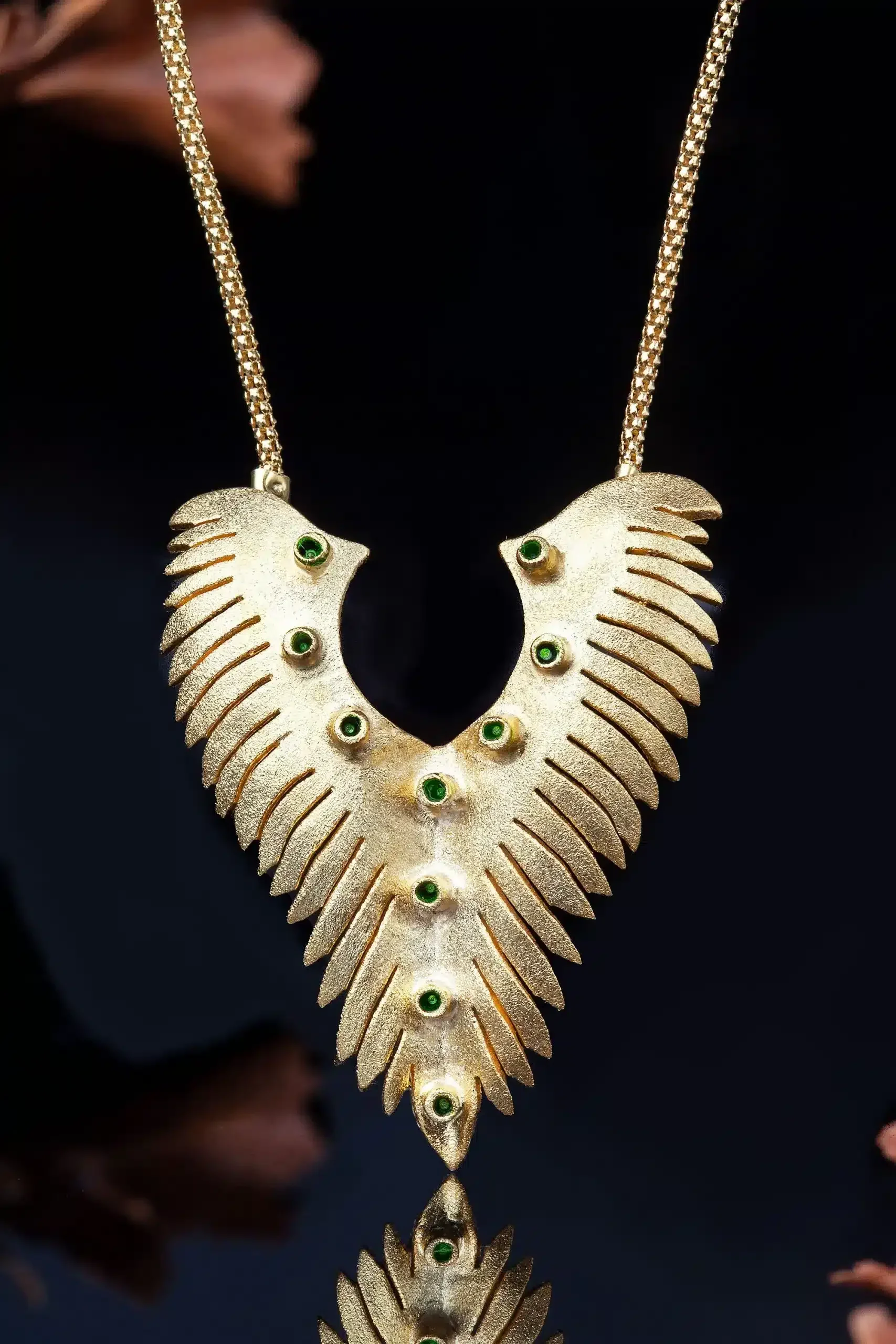 Handmade Jewellery | Wings gold plated silver necklace with green enamel gallery 1