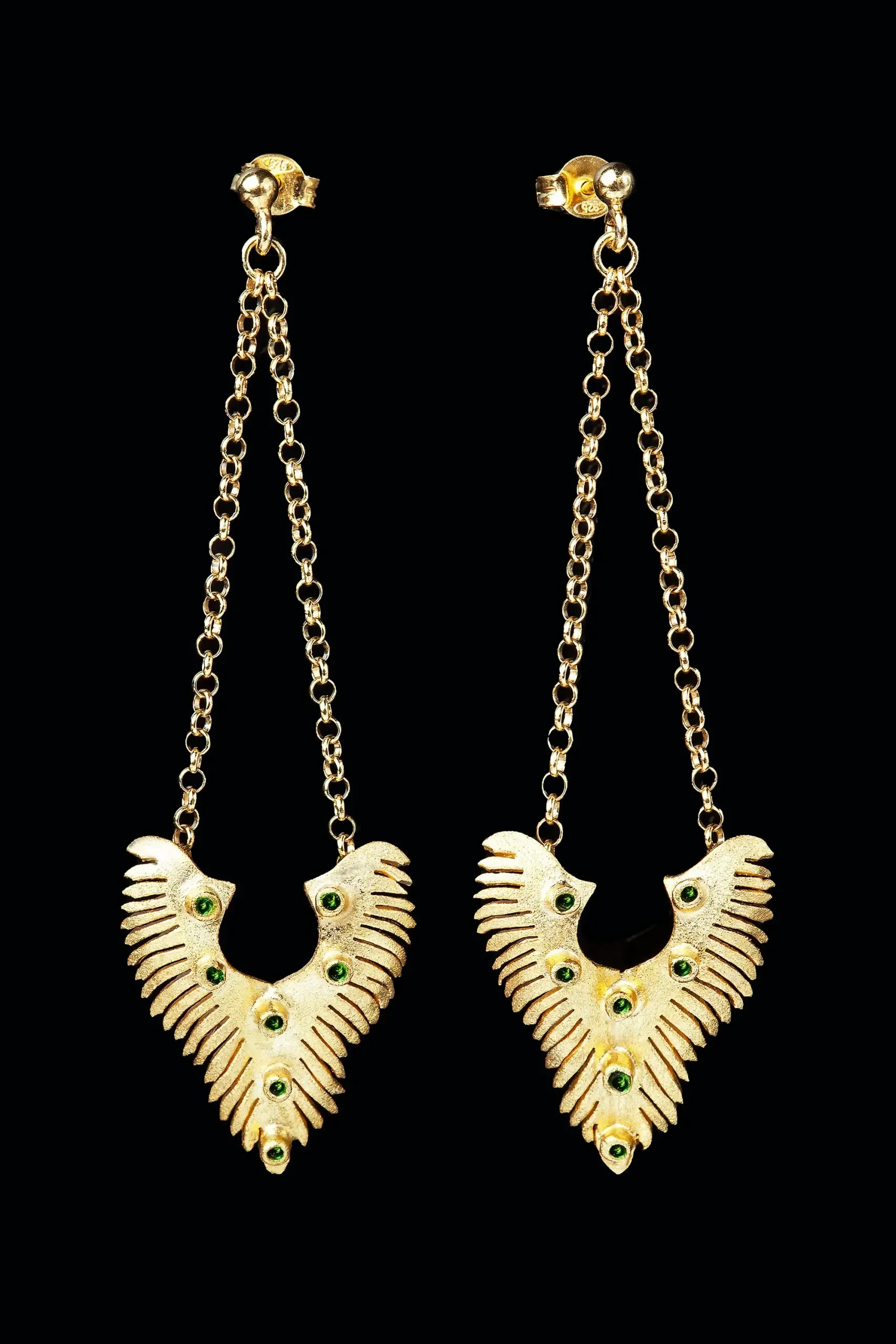 Handmade Jewellery | Wings handmade gold plated silver earrings with green enamel gallery 2