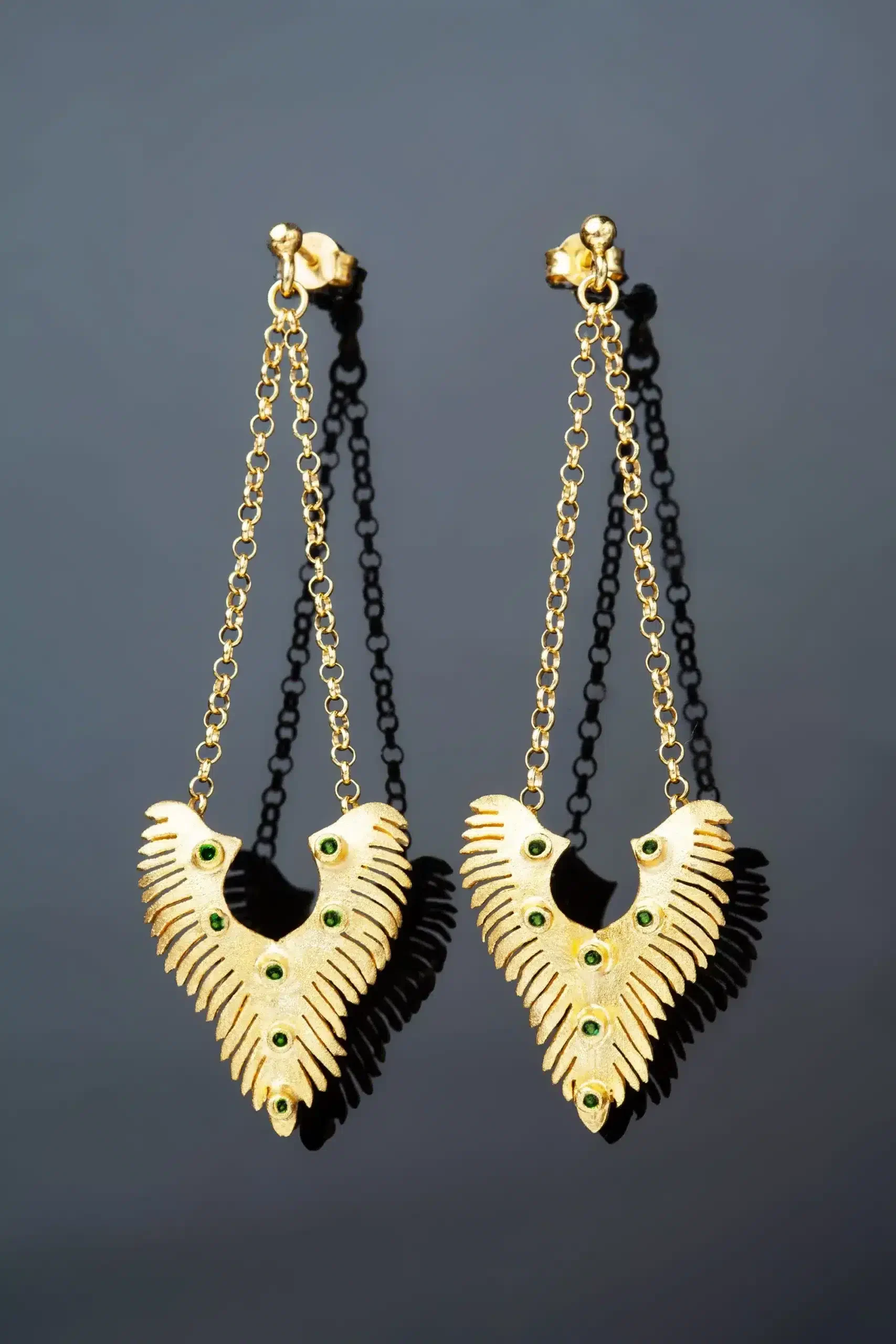 Handmade Jewellery | Wings handmade gold plated silver earrings with green enamel gallery 1