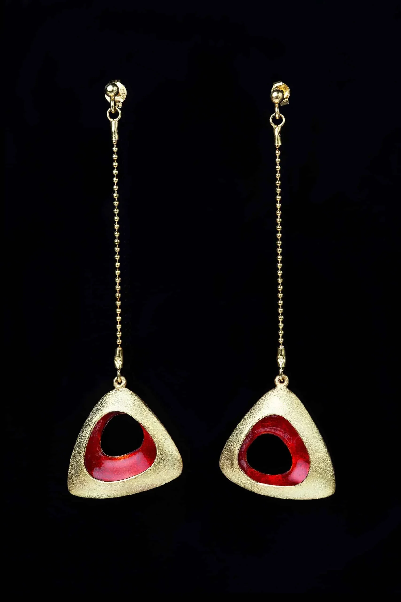 Handmade Jewellery | Triangle gold plated silver earrings with red enamel gallery 1