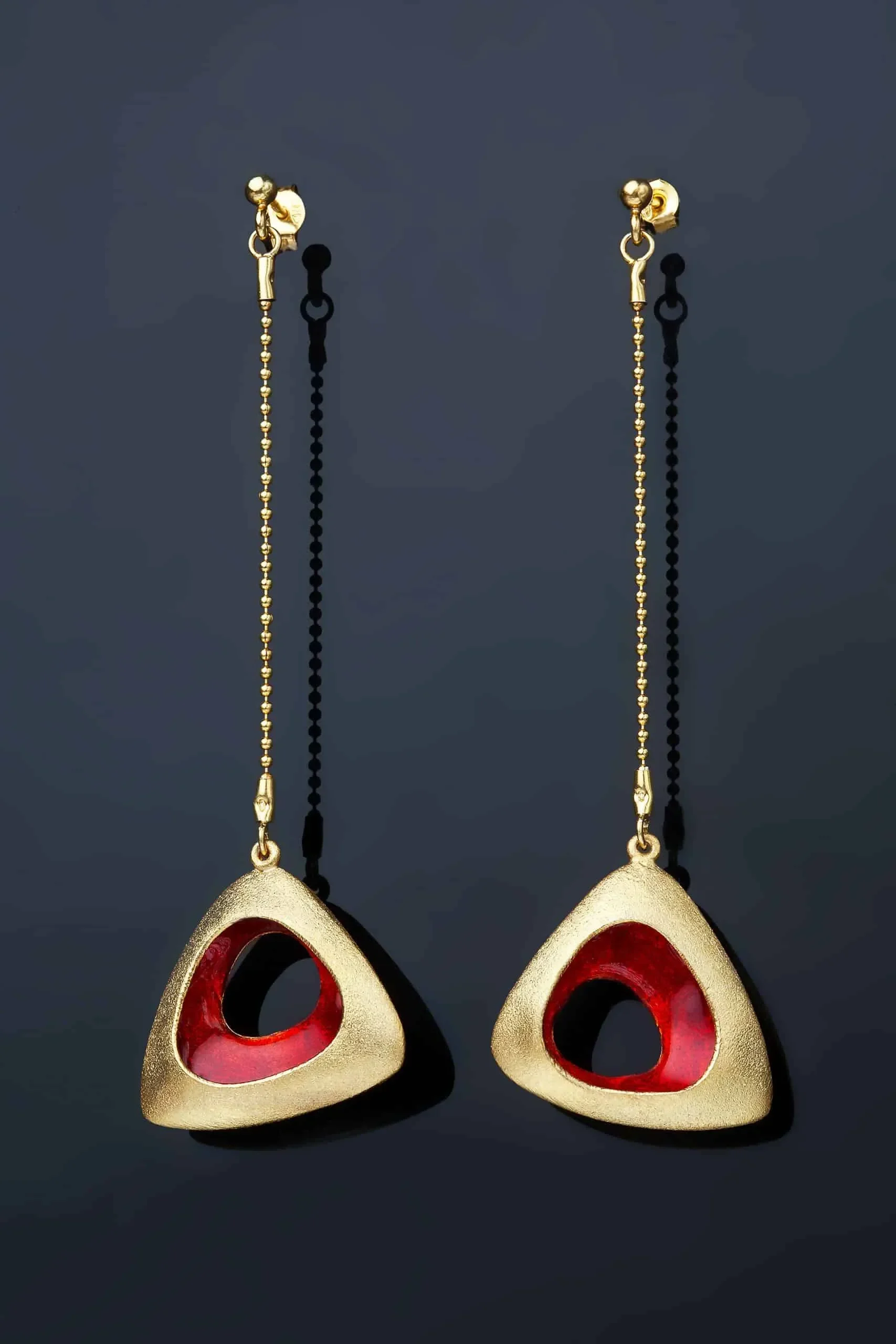 Handmade Jewellery | Triangle gold plated silver earrings with red enamel gallery 2