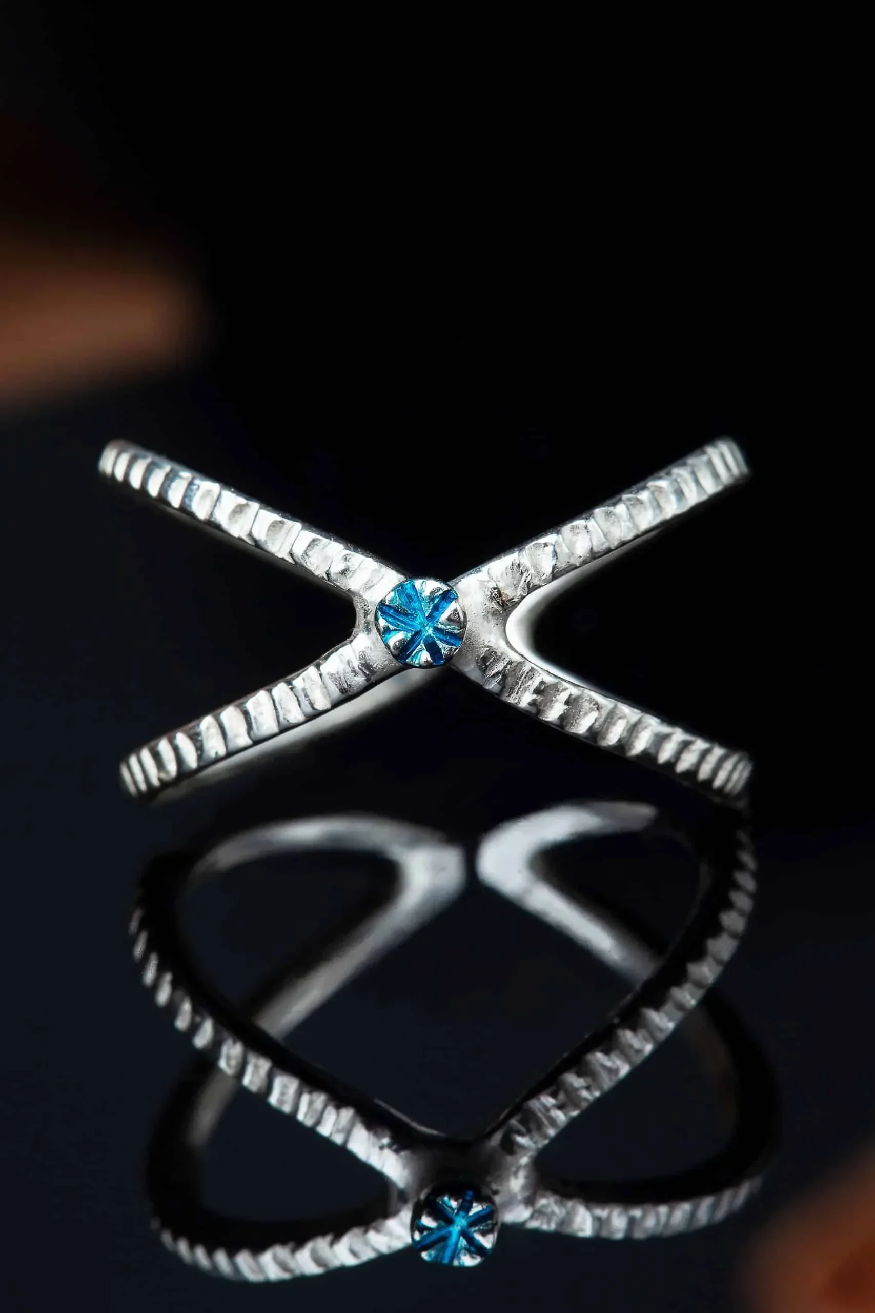 Handmade Jewellery | Minimal textured silver adjustable ring with light blue enamel detail gallery 1