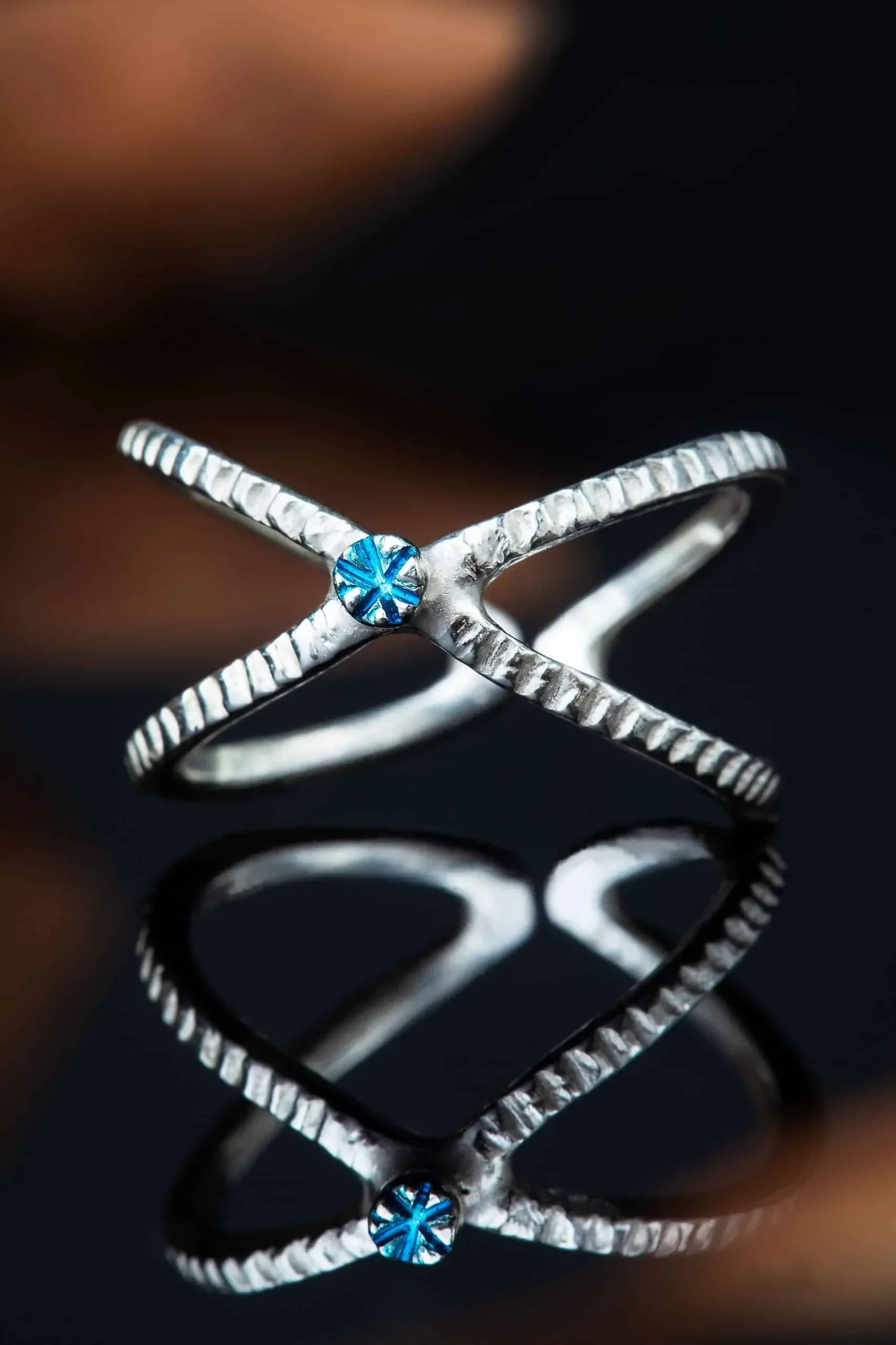 Handmade Jewellery | Minimal textured silver adjustable ring with light blue enamel detail gallery 2