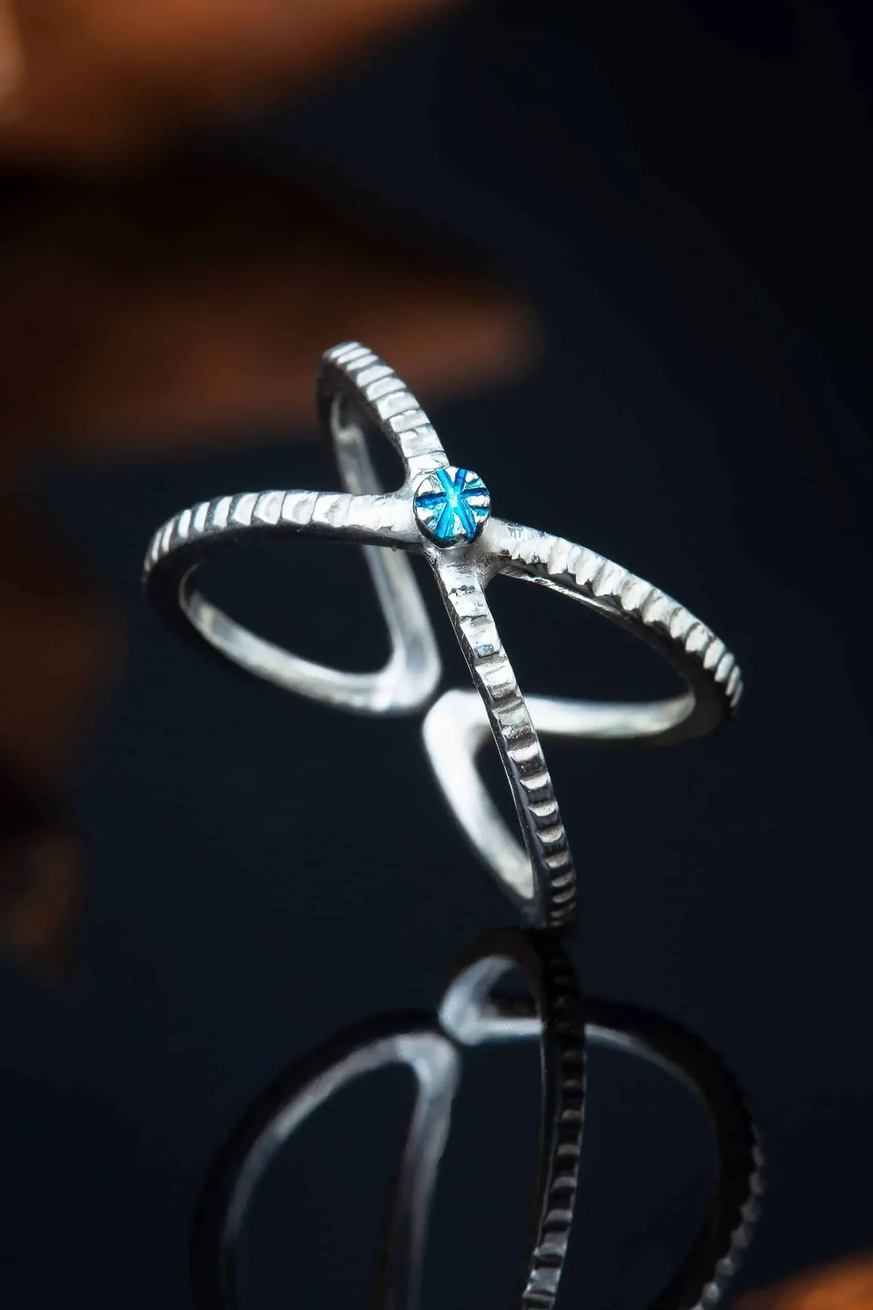 Handmade Jewellery | Minimal textured silver adjustable ring with light blue enamel detail gallery 3