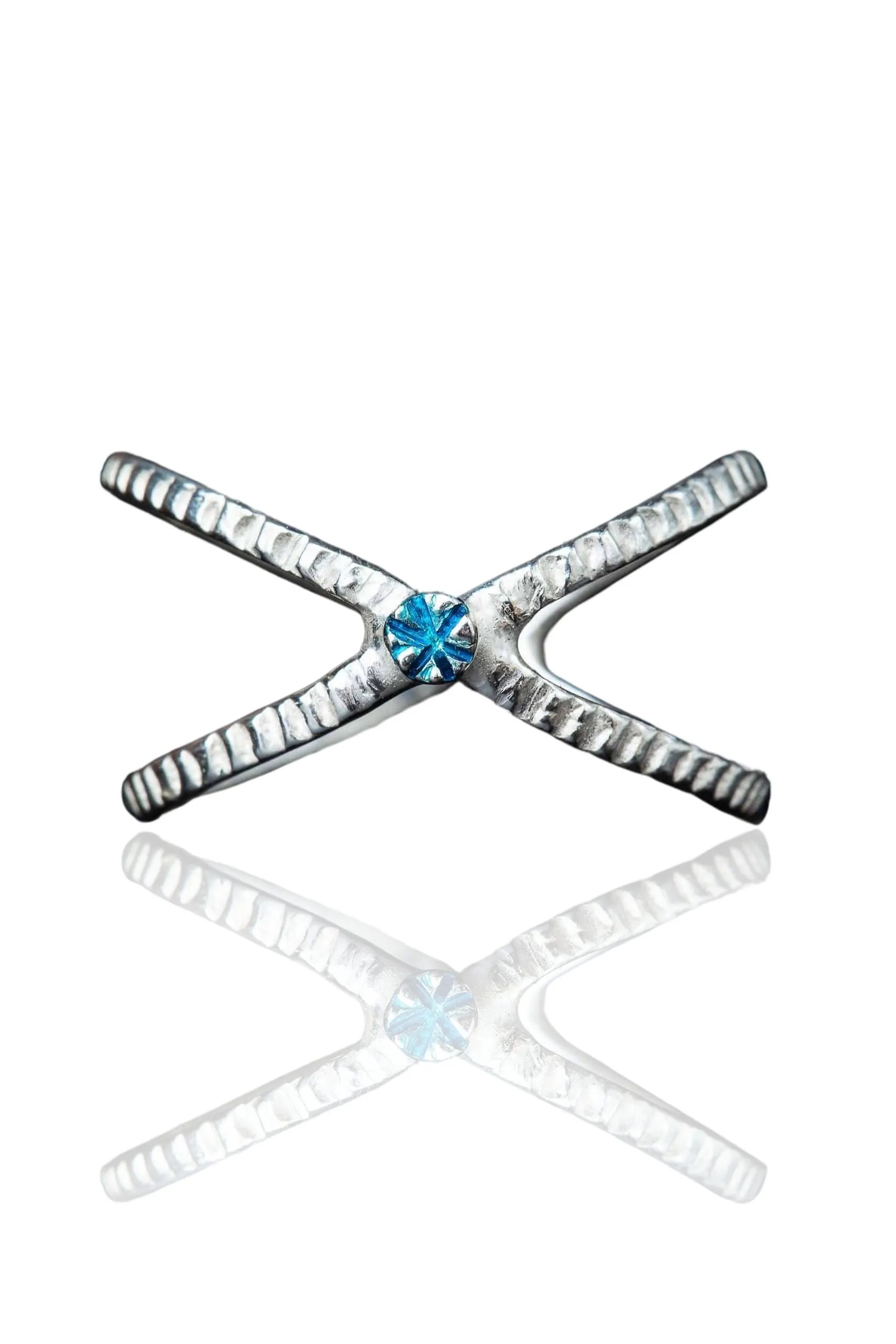 Handmade Jewellery | Minimal textured silver adjustable ring with light blue enamel detail main