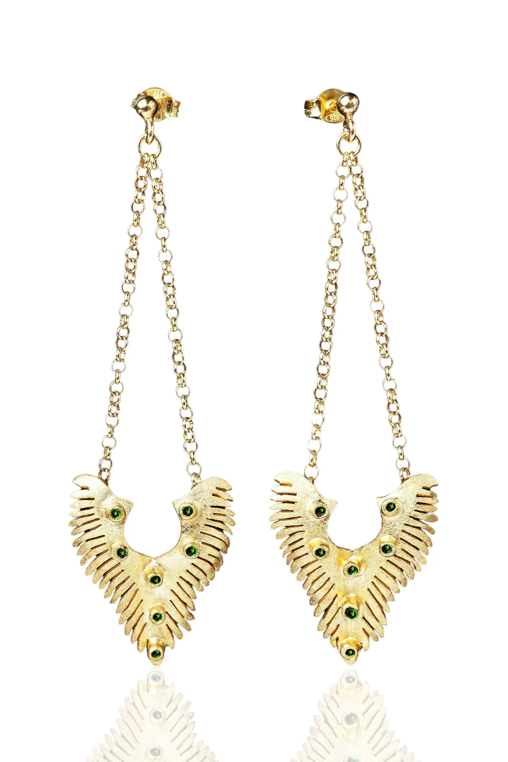 Handmade Jewellery | Wings handmade gold plated silver earrings with green enamel main