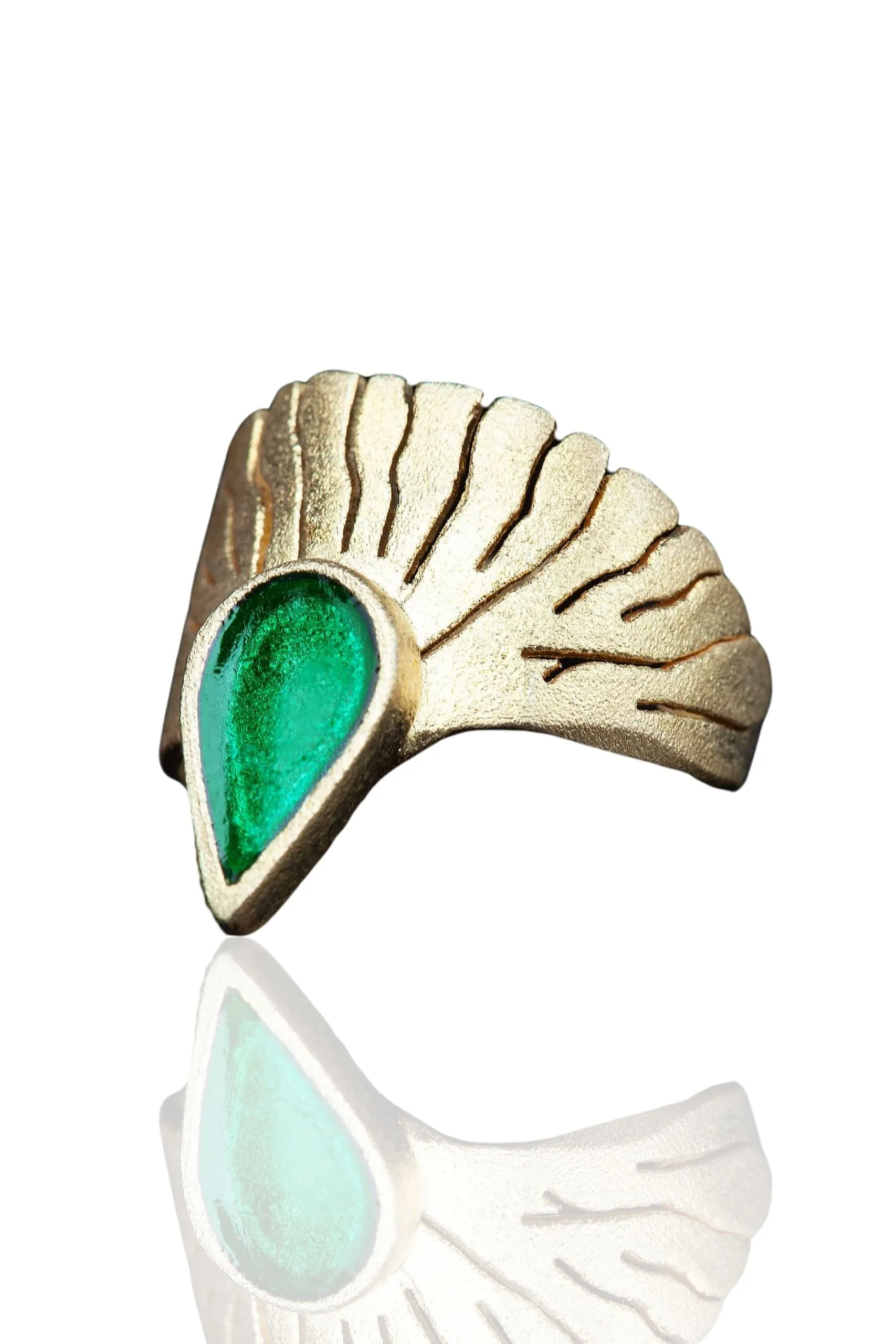 Χειροποίητα κοσμήματα | Φτερό ασημένιο επιχρυσωμένο δαχτυλίδι με πράσινο σμάλτο main