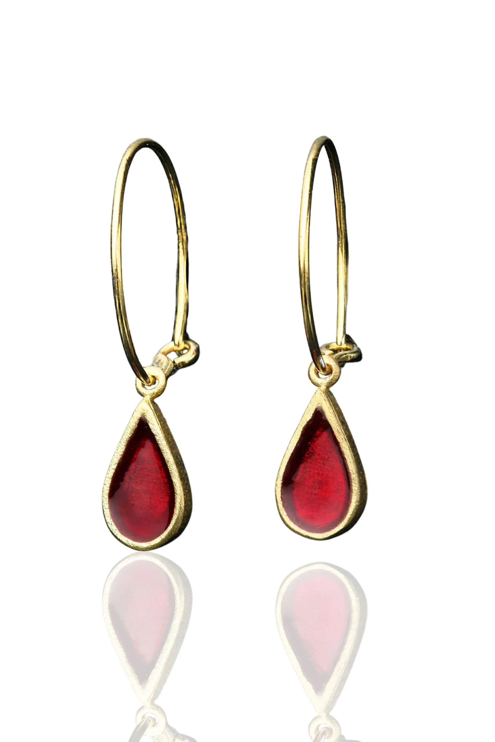 Handmade Jewellery | Drops gold plated silver hoops with red enamel main