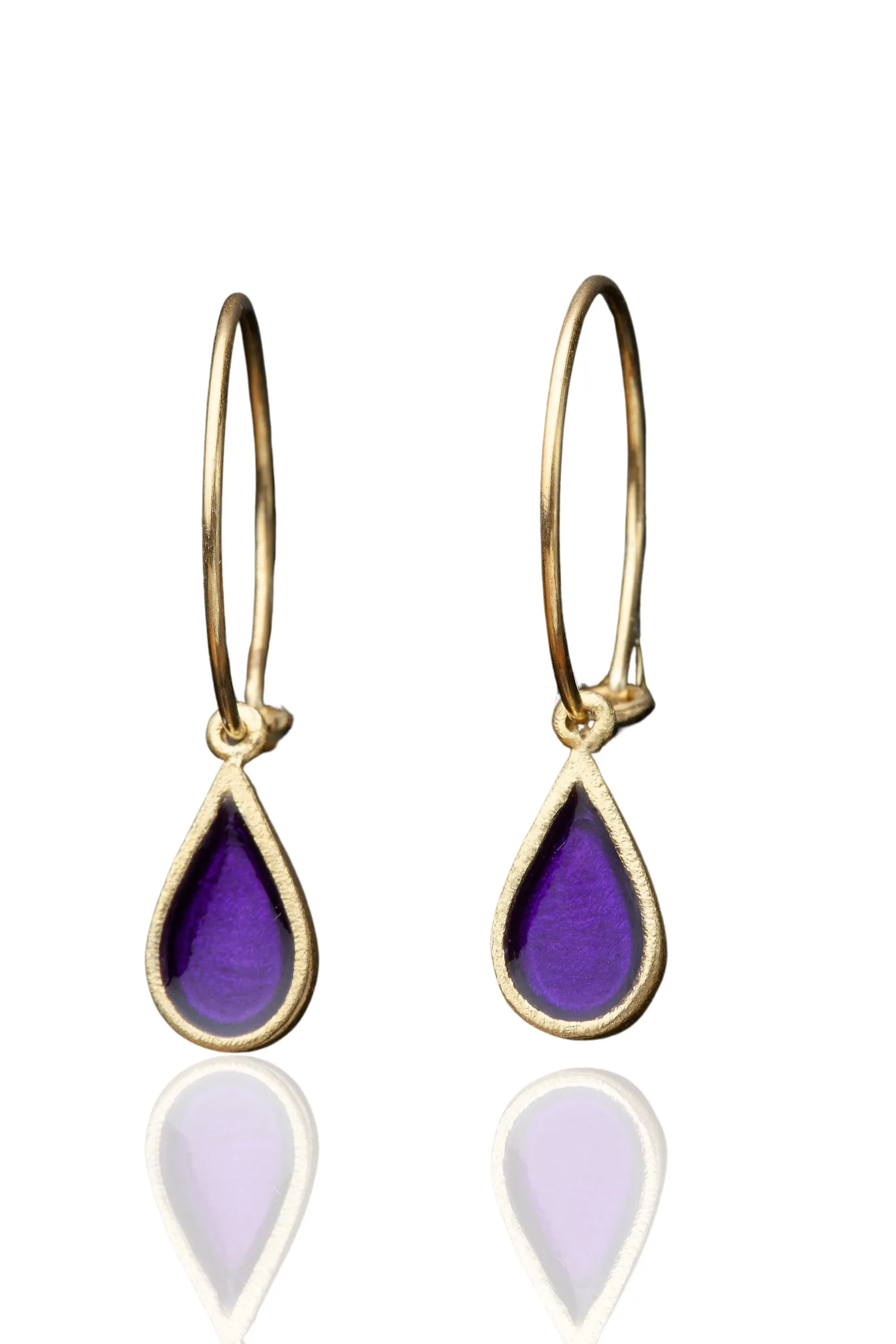 Handmade Jewellery | Drops gold plated silver hoops with purple enamel main