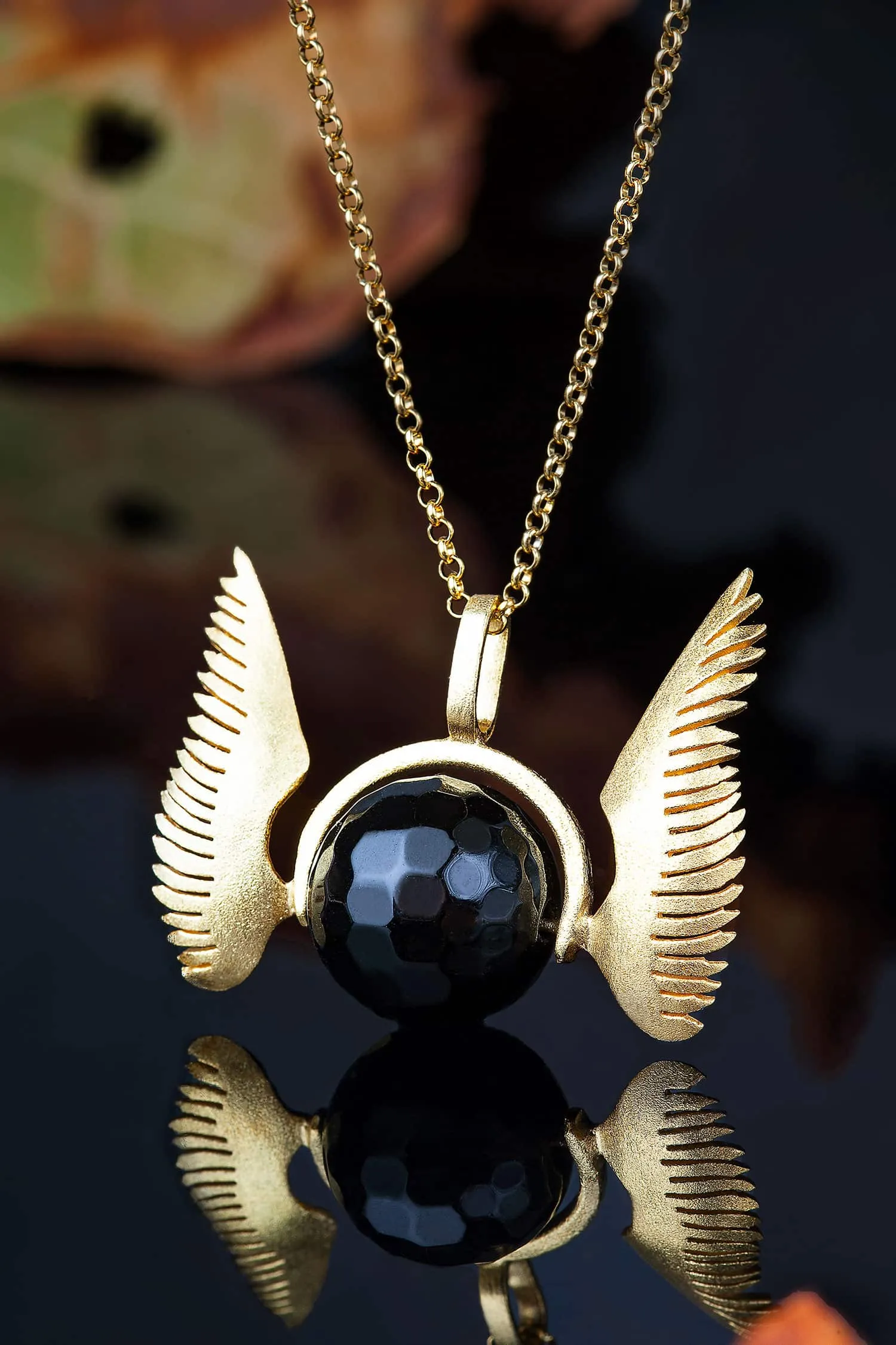 Handmade Jewellery | Wings gold plated silver long necklace with black onyx gallery 2