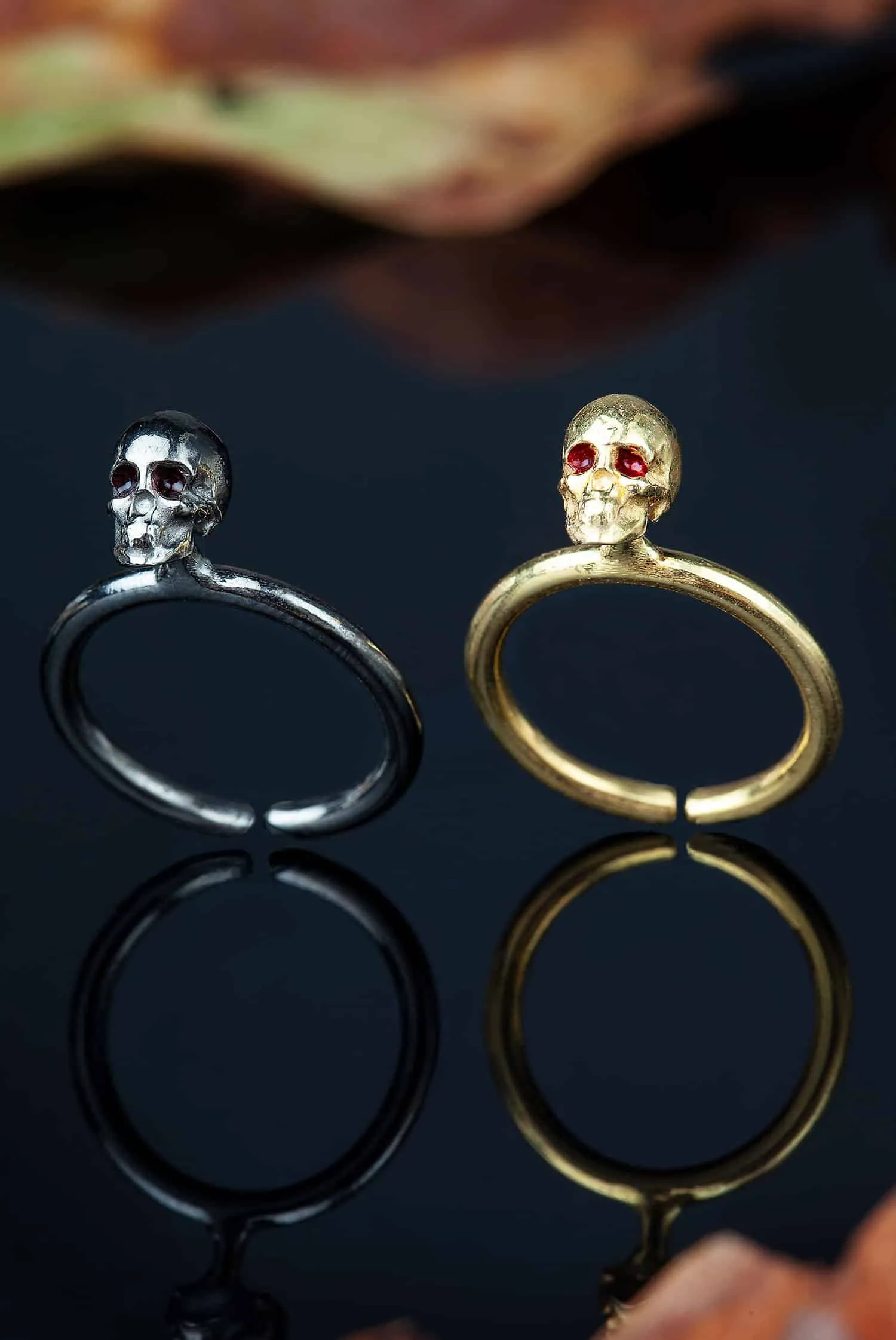 Handmade Jewellery | Scull gold plated silver ring with red enamel details gallery 2