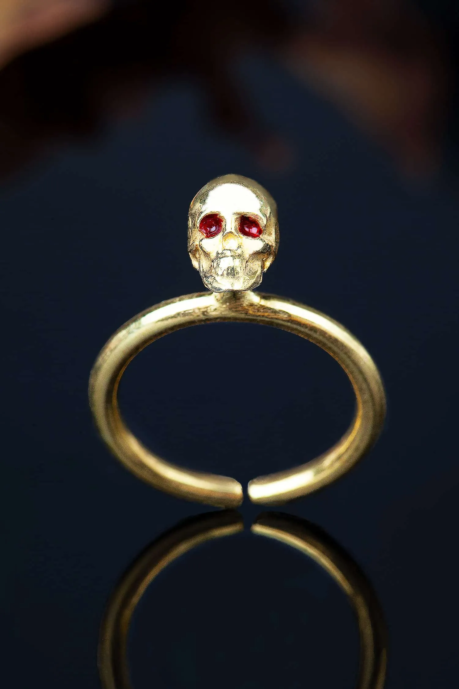 Handmade Jewellery | Scull gold plated silver ring with red enamel details gallery 1