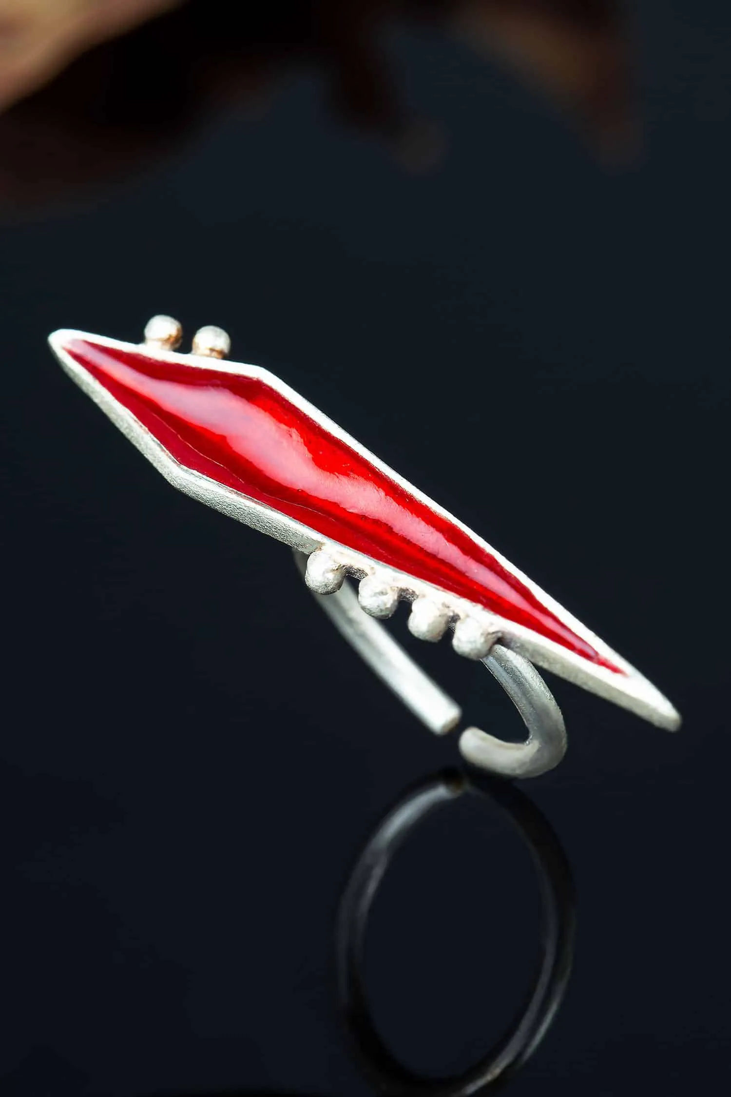 Handmade Jewellery | Geometric minimal silver ring with red enamel gallery 1