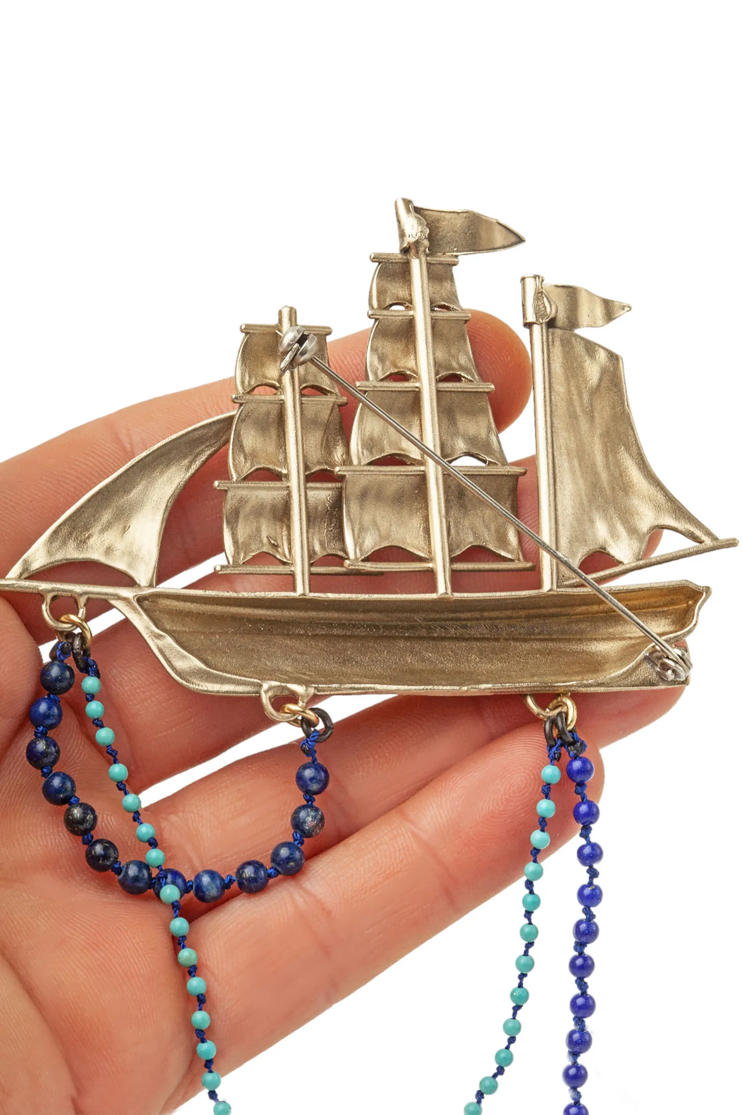 Handmade Jewellery | Sailing boat bronze brooch combined with lapis lazuli and quartz gallery 3