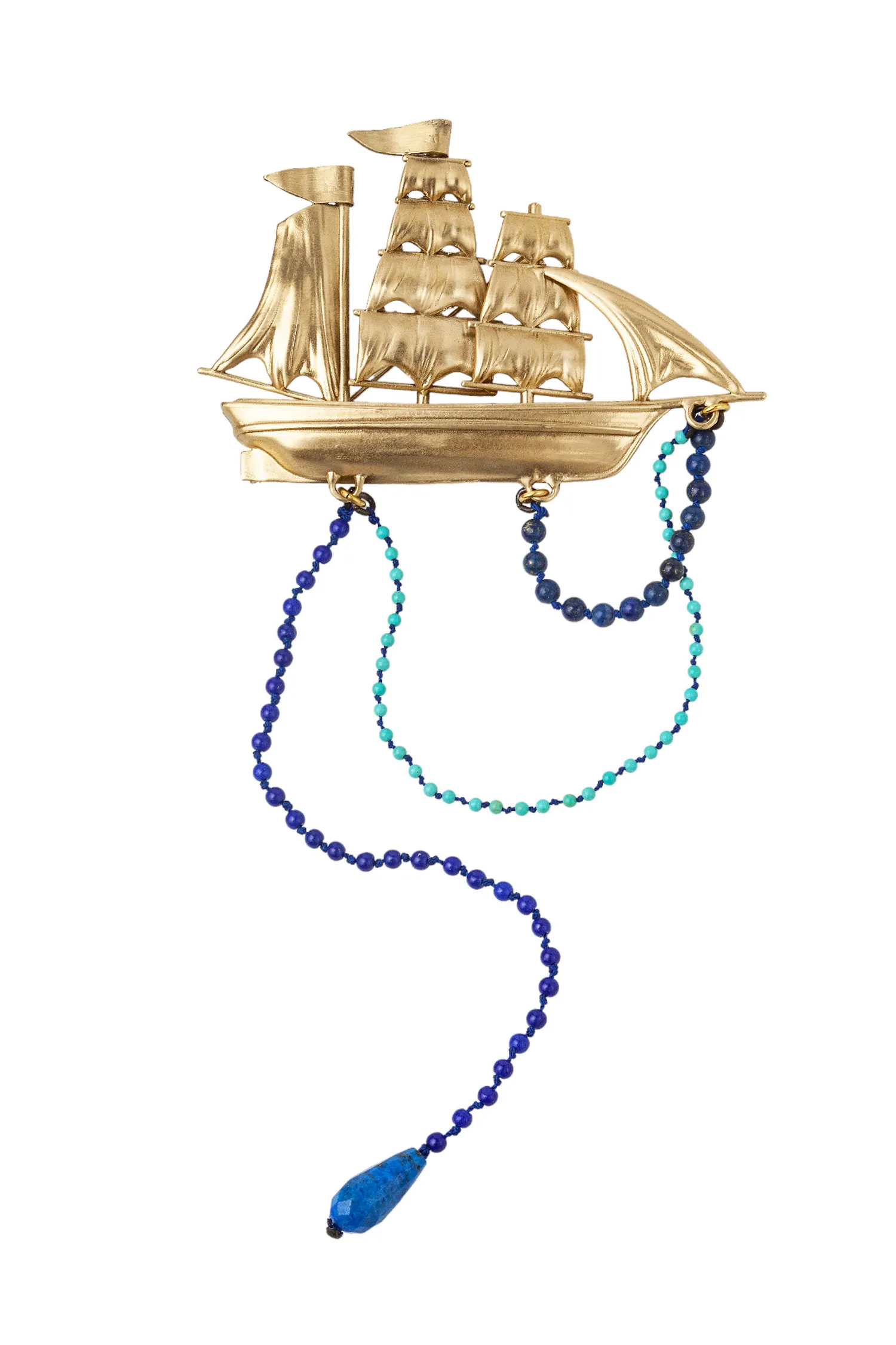 Handmade Jewellery | Sailing boat bronze brooch combined with lapis lazuli and quartz main
