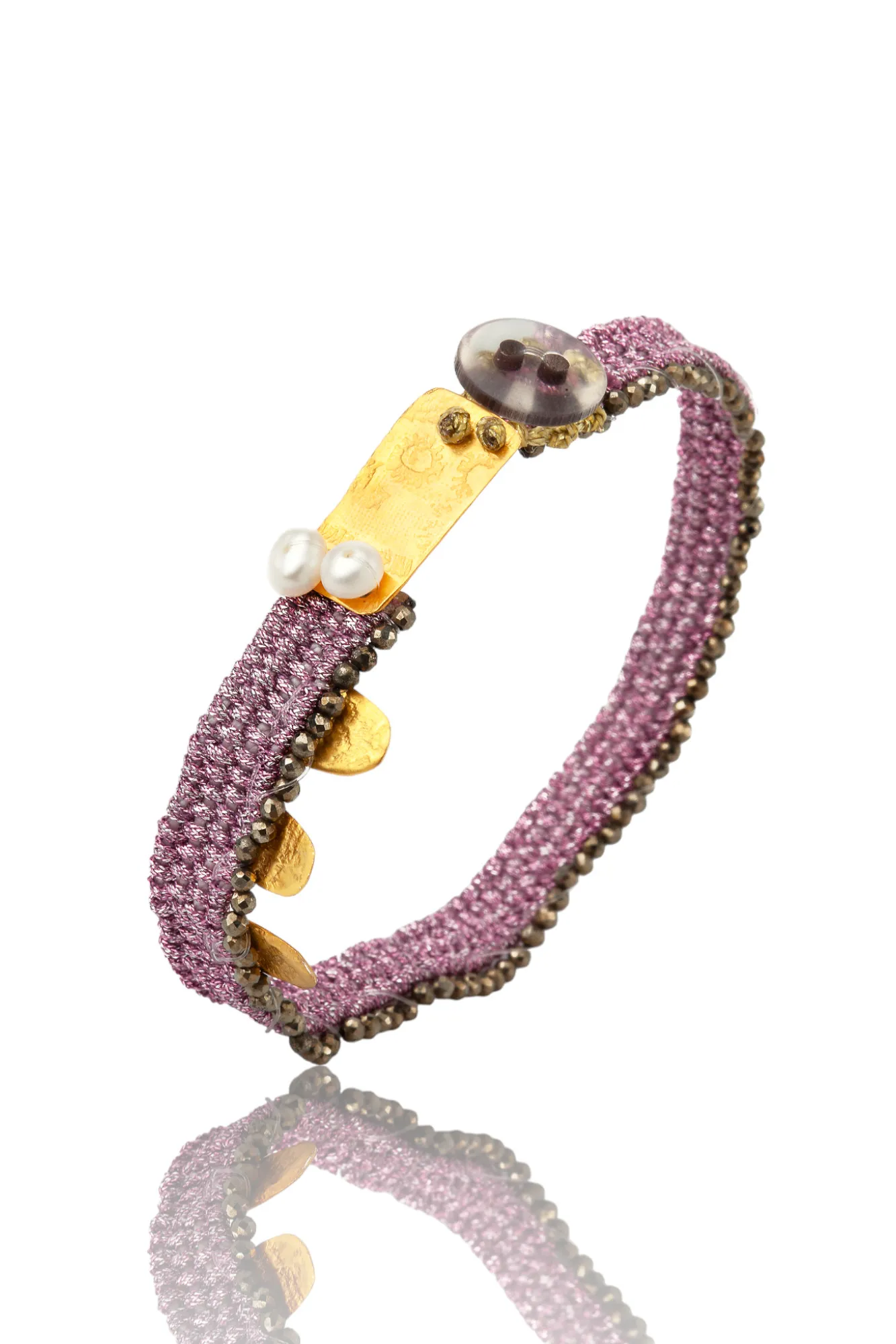 Woven bracelet with gold plated silver and pyrite