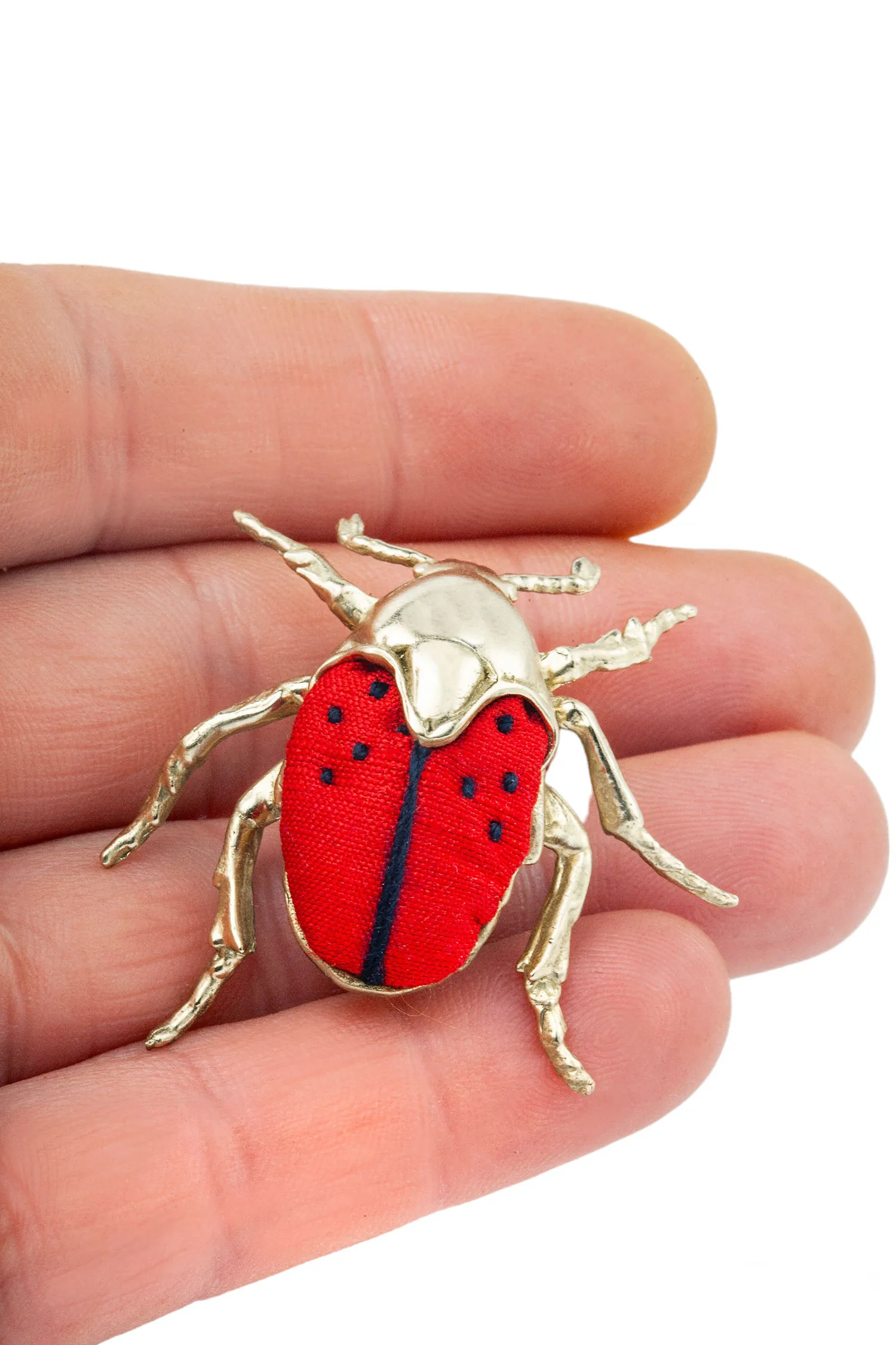 Handmade Jewellery | Beetle bronze brooch combined with red silk gallery 2