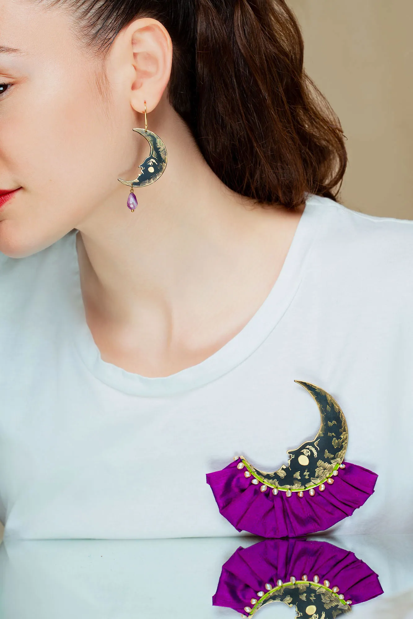 Handmade Jewellery | Moon engraved bronze and purple silk brooch gallery 1