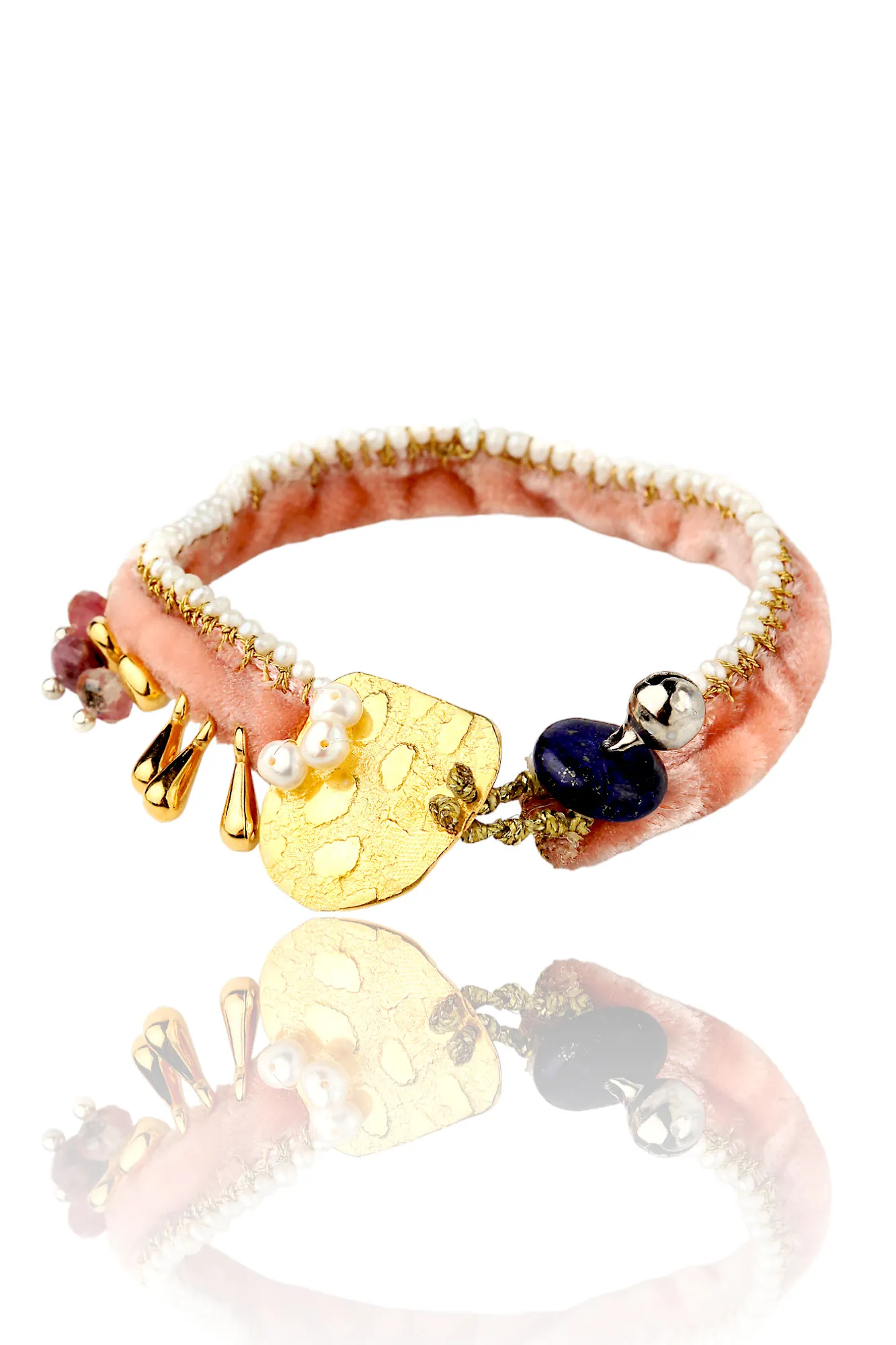 Handmade Jewellery | Gold plated silver bracelet with velvet and pearls gallery 3