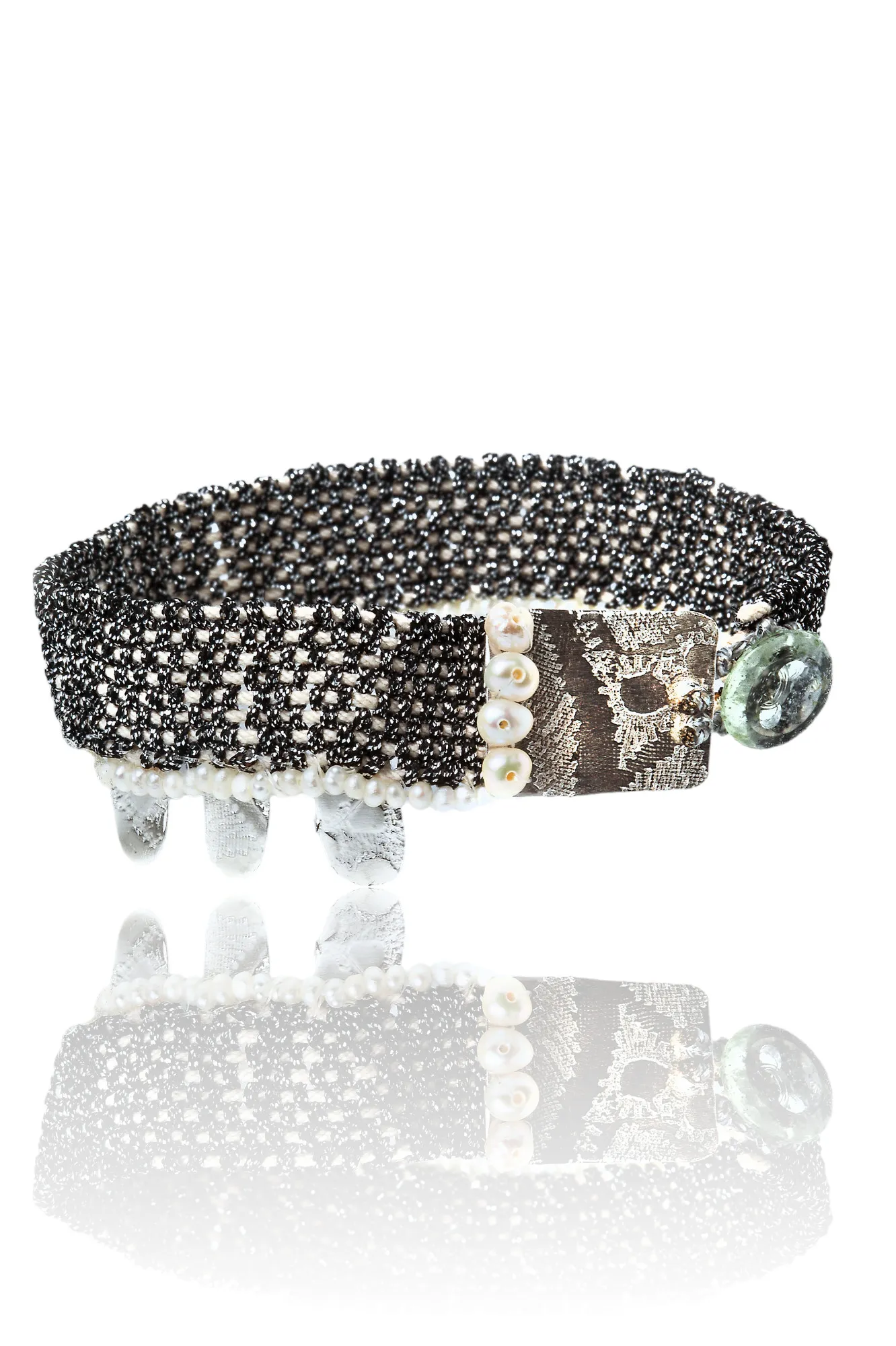 Handmade Jewellery | Woven black bracelet with silver and pearls main