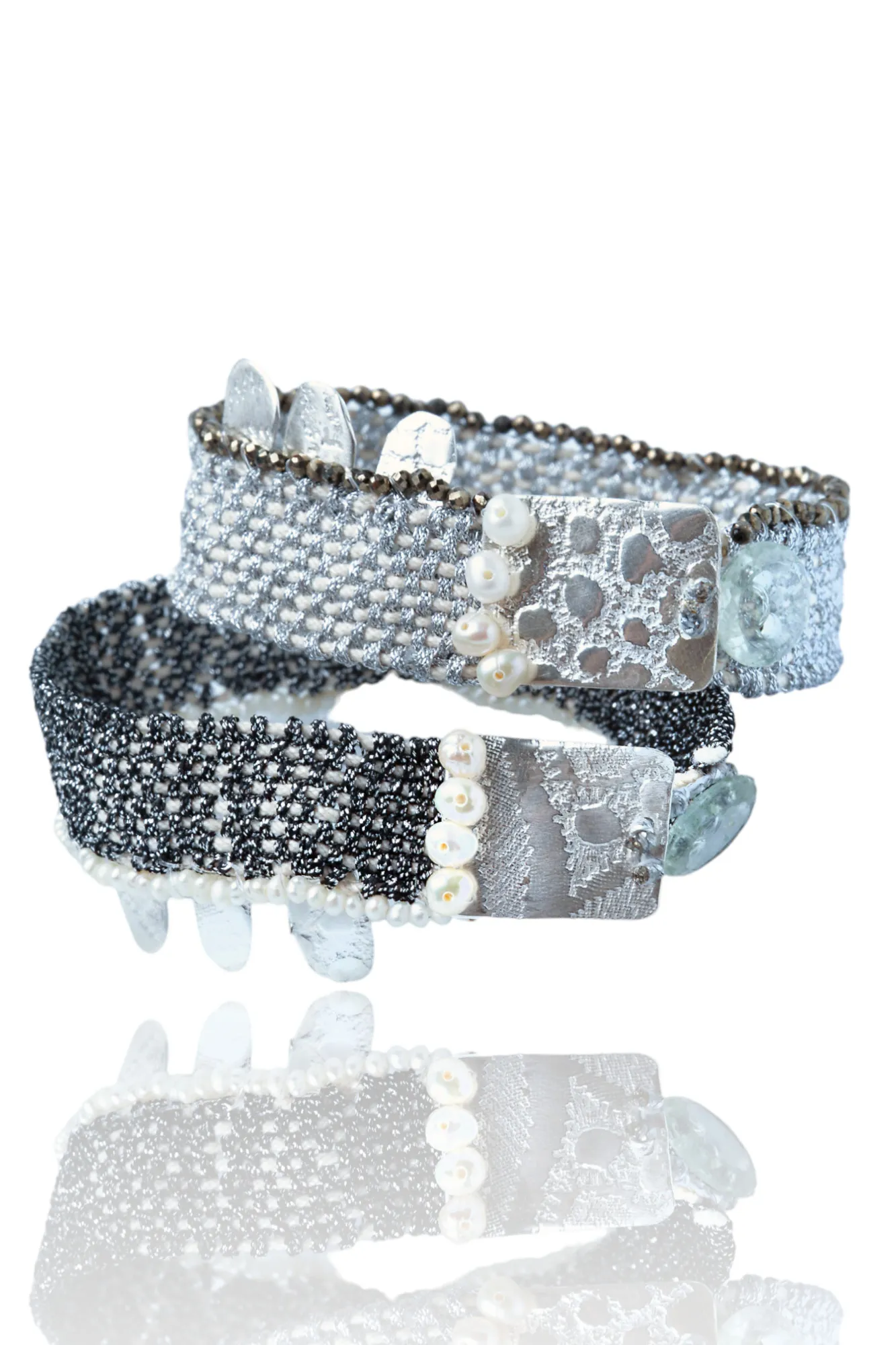 Handmade Jewellery | Woven black bracelet with silver and pearls gallery 3