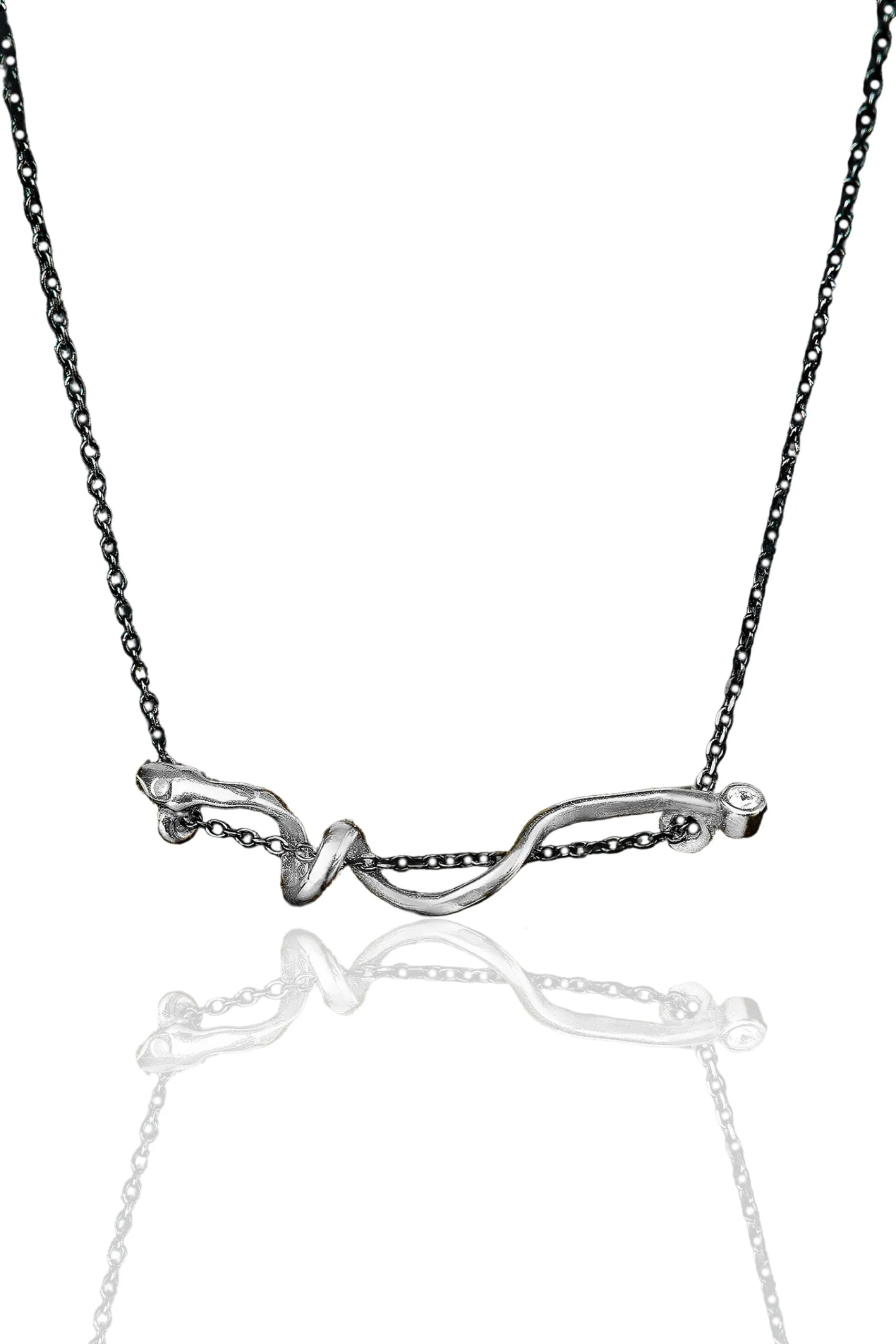 Handmade Jewellery | Snake rhodium plated silver necklace with zircon main