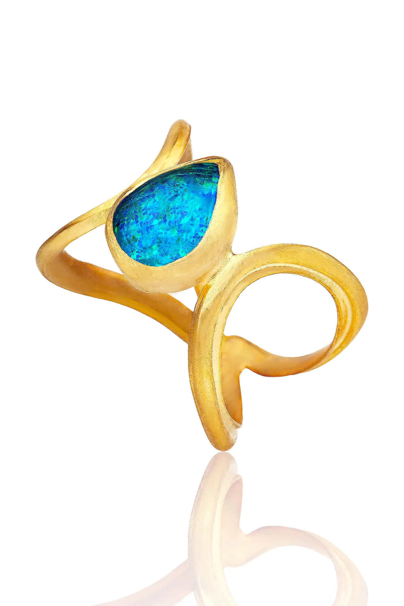 Paisley handmade gold plated silver ring with blue opal