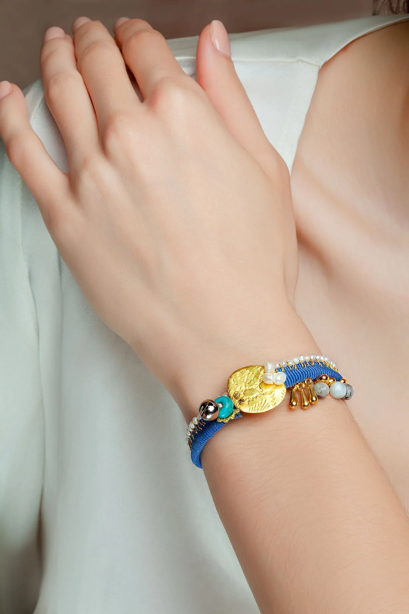 Handmade Jewellery | Gold plated silver bracelet with turquoise and fabrics gallery 1